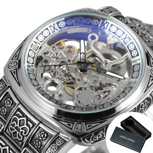 Forsining | Forsining Luxury Engraved Skeleton Automatic Mechanical Watch for Men Square Classic Retro Mens Watches Stainless Steel Strap