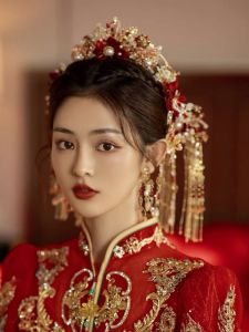 Red Simple Versatile Chinese Style Wedding Hair Accessories Set of Ten Ancient Fashioned Hairpins for Bridal Makeup