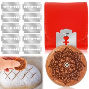 Wood Bread Lame Slashing Tool with 10 Blade and 1 Red Leather Pouch Portable Dough Scoring Knife Sourdough Bread Scoring Tool