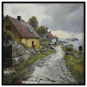 Tranh trời mưa phong cảnh con đường vào ngôi làng nhỏ bên bờ biển đẹp.Tranh treo tường dán tường.CGI-1181