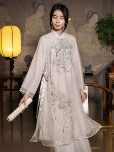 Autumnal Chinese Style Embroidered Button up Dress Cardigan Fake Two-Piece Floral Print Long Sleeve Midi Skirt Womens Fashion