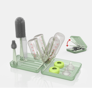 Travel Bottle Brush Set Auto-Open Rack & Vertical Brushs Drying Slots 3 Brushes Foldable Drying Rack Travel Baby Essentials
