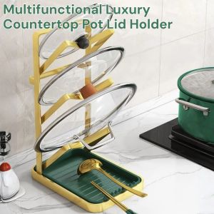 Multifunctional Luxury Countertop Pot Lid Holder Stainless Steel Spatula Kitchenware Rack Organizer Base for Spoon Chopsticks