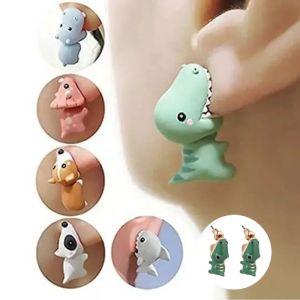 2pcs/1pair Animal Cartoon Stud Earring For Women Cute Dinosaur Little Dog Whale Clay Bite Ear Jewelry Funny Gifts Fashion