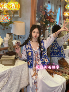 หวานสิบแปดยูนนาน Dali วันหยุดกระโปรงยาว Retro Travel V คอปักสีขาวชุดสไตล์ชาติพันธุ์ชุดสําหรับ 18-24 วันเกิด party