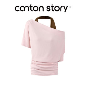 Flared Collar Asymmetric Sleeve Pink T-Shirt For Autumn Wearing