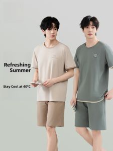 Miiow | Catman Summer Sleepwear Mens Thin Pure Cotton Antibacterial Short Sleeve Shorts Large Size Home Clothes Set Casual Round Neck