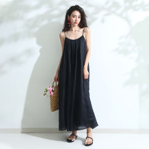 Miccbeirn | Pure Lusha Thin Flash Spray Gold Strap Dress French Style Slimming Drapey A-Line Skirt Holiday Wind Over Knee Long Dress