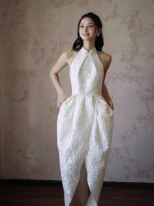 Fashionable White Printed Necktie Dress Mid-waist Zippered Sleeveless Long Dress For Wedding Appointment Party Banquet