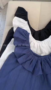 Trắng/ Xanh/ Đen Cotton thêu sọc Áo trễ vai bo chun nhún bèo tay ngắn nữ tính gợi cảm trendy RADE TOP