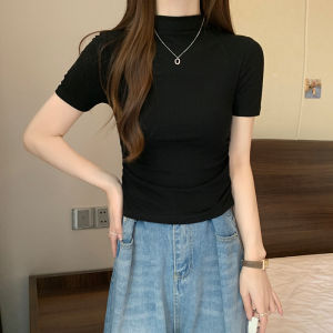 เสื้อยืดคอกลมแขนสั้นทรงสลิมฟิตสไตล์เกาหลีสำหรับผู้หญิง ทรงเข้ารูป เสื้อเชิ้ตคอสูงครึ่งตัว ลายทาง ทรงเข้ารูป ทรงเข้ารูป