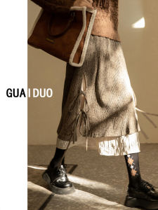 Brown Thickened Belted Half-length Skirt Womens Chic Korean Style Spliced A-line Long Skirt for Autumn Winter High Waist Mid-length