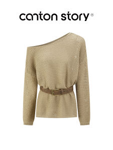 Cantonstory | Khaki Slant-Shoulder Hollow-Out Long Sleeve Knit Blouse
