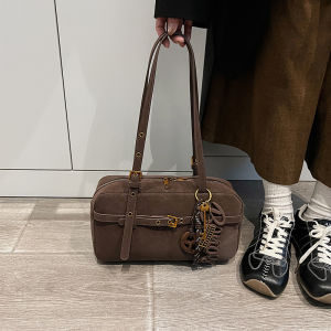 Vintage Feel Frosted Handbag Womens Fashionable Versatile Shoulder Bag Bowling Postman Bag Rectangular Shape Zipper Closure