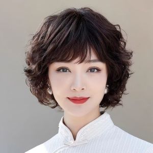 Tóc Giả Châu Á Xoăn Màu Nâu Sẫm Tự Nhiên Dành Cho Phụ Nữ Trung Niên & Cao Tuổi Có Mái Tóc Giả Bằng Tóc Người Thật Thoải Mái Kích Thước Mũ Trung Bình