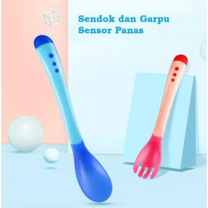 SENDOK MAKAN BAYI SILIKON SENSOR SUHU PANAS / SENDOK GARPU BAYI SILIKON FOOD GRADE / SENDOK GARPU SENSOR