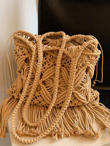 Zar Fendenc Chic Bohemian Tassel Hollow Woven Travel Vacation Beach Bag Large Cotton Pure Color Vertical Square Shape