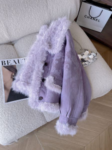 PAIBOLI | Leather Wool Mix French Design Purple Winter Coat