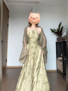 New Chinese Style Large Size Dyed Neckline Dress Waist Inward Long Skirt Set Vintage Autumn Zen Spirit Floral Print A-Line Gown