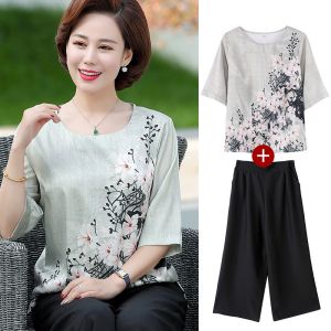 SUPIAN | Spring Summer Silk Blend Two-Piece Set For Older Women Short Sleeve Mommy Clothes Straight Cut Loose Fit Elderly Top Bottoms