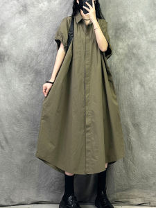 Retro Elegant Womens Dress Summer Luxury Loose Waist-Cinching Shirt Dress Cotton Material Short Sleeve Small Collar