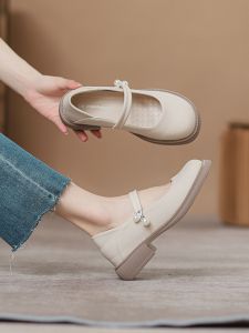 Womens Mary Jane Single Shoes Thick Bottom Pearl Decorated Inner Heightening Small Size British Style Fashionable Flats