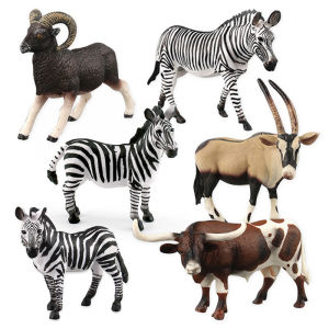 6 Models Artificial African Wild Animal Long Horn Bull Antelope Pan Sheep Zebra Model Ornaments Kids Scientific and Educational Toy