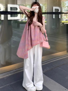 Summer Outfit Womens Pink Plaid Strapless Vest Asymmetrical Hemline Sleeveless Top Small Size Sweet Style Loose Fit