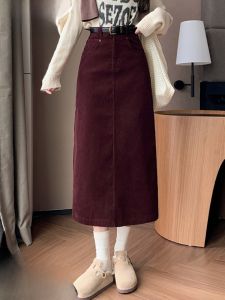 Váy Midi Cạp Cao Bằng Vải Nhung Kẻ Dày Cho Nữ Mùa Thu Đông Phong Cách Hàn Quốc Váy Chữ a Thẳng Thon Gọn