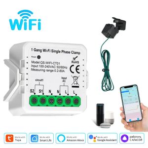 Tuya WiFi Smart Energy Meter AC100-240V 1CT 2CT Clamp App Control 80A Power Monitor Energy Consumption Electricity Statistics