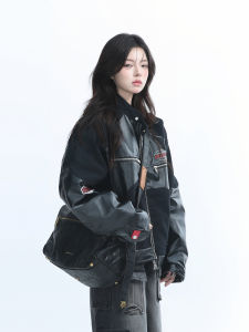 Street สไตล์ผู้หญิง Retro เสื้อหนังสีดําพร้อมซิปแขนยาวสําหรับฤดูใบไม้ร่วง/ฤดูหนาวรถจักรยานยนต์ Windbreaker