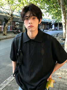 Black Knitted Short Sleeved Design Sense Mesh Breathable Polo Shirt