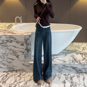 ขาตรงยาวพื้นสีน้ําเงินย้อนยุค กางเกงยีนส์ ผู้หญิง ฤดูใบไม้ผลิ ฤดูใบไม้ร่วง หลวม ขากว้าง กางเกง พรางหุ่น เอฟเฟกต์สูงสบาย เอว