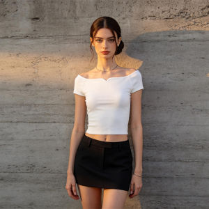 PIAOYA | White Off-shoulder Short Sleeved T-shirt Slim Fit