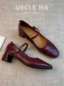 MASHUJIA | Soft Leather Red Mary Jane Shoes Medium Heel