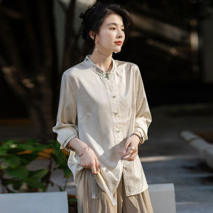 Elegant Long Sleeve Embroidered Shirts Womens New Chinese Style National Trend Vinegar Satin Surface Shirt Stand Collar