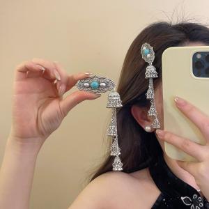 Elegant Green Turquoise Tassel Hair Clip Womens Ethnic Style Side Clip Vintage High-End Feifei Hair Accessories Headwear