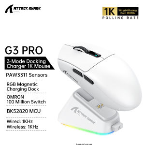 ATTACK SHARK | ATTACK SHARK G3 PRO Magnetic Charging Dock Wireless Gaming Mouse 62g Lightweight PAW33111000Hz  Tri-Mode 2.4G Wireless/Bt