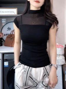 QINGNAER | Half High Collar Mesh Patchwork Short Sleeve T-shirt Slim Fit Reducing Age and Enhancing Elegance Slim Fit