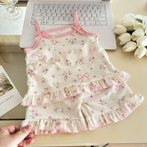 Bộ Đồ Mặc Nhà Mùa Hè Cho Bé Gái 1-7T Áo Yếm Hoa Ngọt Ngào + Quần Short Hoạt Hình Gấu Ice Silk Bộ Đồ Ngủ Quần Áo Gia Đình Cho Trẻ Em