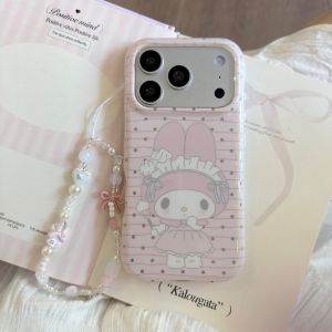 Sanrio | Cute My Melody Phone Case With Pearl Bow Wrist Lanyard Shockproof Large Window Lens Protective Cover For iPhone 16 15 17 Pro Max