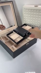 กล่องเก็บเครื่องประดับกล่องใส่เครื่องประดับกล่องใส่แหวนต่างหูสร้อยคอกล่องหนังpuสีขาว2ชั้นล็อคด้านหน้าได้