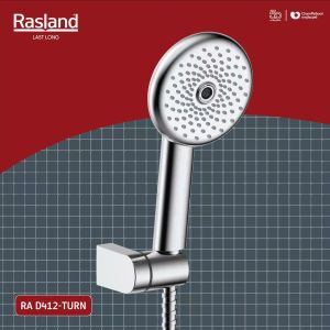 ชุดฝักบัวมือ สีโครเมียมเงา หัวฝักบัวหมุน 360 องศา สายน้ำ 3 ระบบ พิเศษสายน้ำหมุนทอร์นาโด เปลี่ยนระบบสายน้ำด้วยการใช้นิ้วกด สายสแตนเลสยาว 150 ซม. พร้อมขอแขวนปรับได้ | RA D412-TURN