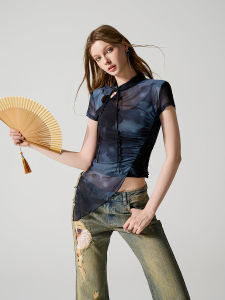 LeDisha New Chinese Style Transparent Mesh Short Sleeve Womens Slimming T-Shirt Korean Version Commute Creative Pattern Summer Wear