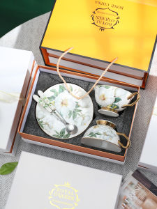 European Style Bone China Coffee Cup Set Gold Rim Ceramic Cup with Plate Stand English Afternoon Tea Wedding Gift Box