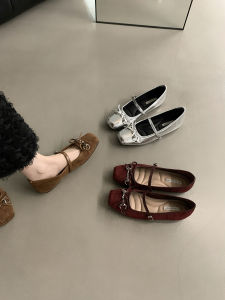 รองเท้าบัลเลต์ผู้หญิงสีน้ำตาล ทรง Mary Janes หัวเหลี่ยม หัวเข็มขัด ด้านใน PU รองเท้าลำลองสำหรับใส่ไปทำงานในฤดูใบไม้ผลิและฤดูร้อน