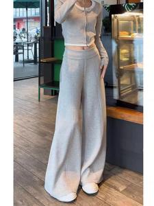 Quần Ống Rộng Màu Xám Rộng Rãi Cạp Cao Phong Cách Mỹ Cho Nữ Mùa Xuân Thu Quần Thể Thao Ống Đứng Quần Dài Đến Sàn