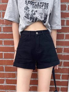Black Summer Denim Shorts Womens Loose High Waist Wide Leg Pants Cool Feeling Fabric Chinese Production Deep Color