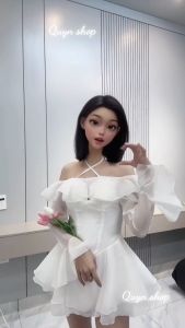 Váy Tơ Bèo Trễ Vai Cup Nguc Tay Loe Dáng Ngắn Xoè 2 Tầng Kèm Quần QUYN.032