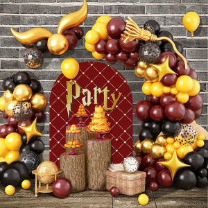 112-Piece Magic-Themed Balloon Garland Set Burgundy Black Metallic Gold Glitter Balloons with Gold Long Balloons and Star Foil Balloons for Magic Birthday Shower Party Decorations Photo Background